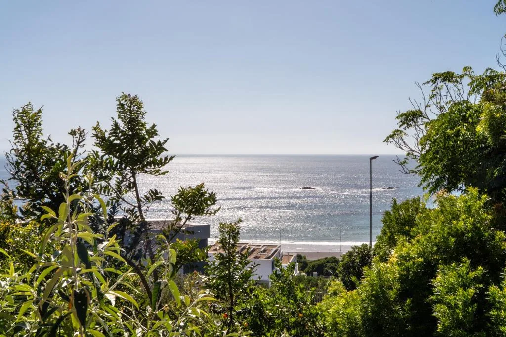 Sparkling ocean view with beach and boats visible through lush green garden vegetation