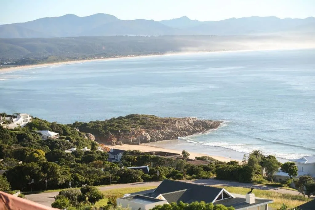 Aerial view of pristine beach, mountains, and coastal bay landscape