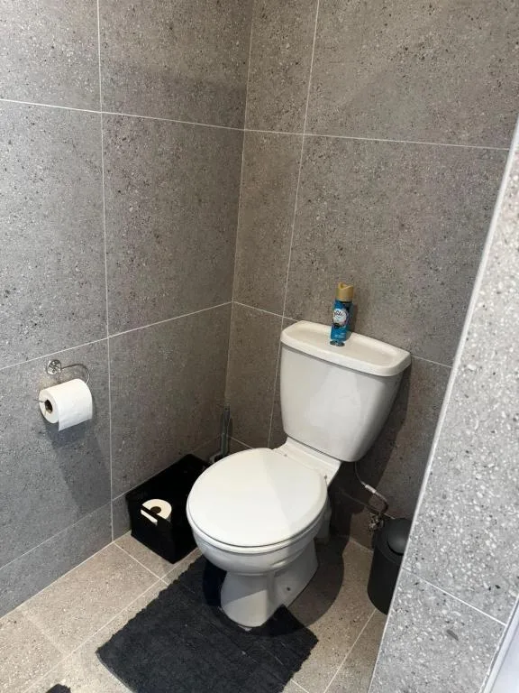 Modern bathroom with tiled walls, white toilet, and paper holder