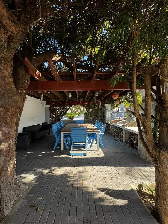 Shaded pergola patio with wooden dining table and blue chairs