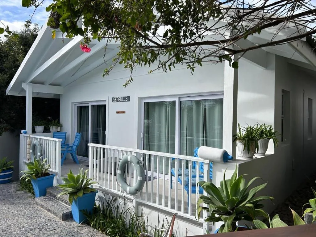 White cottage facade with covered porch, blue accents, and potted plants