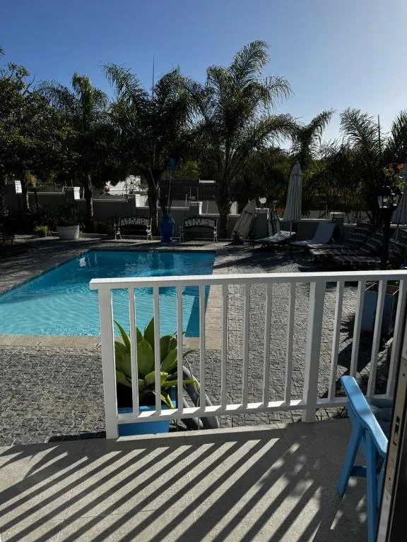 Sparkling swimming pool surrounded by palm trees and loungers at property