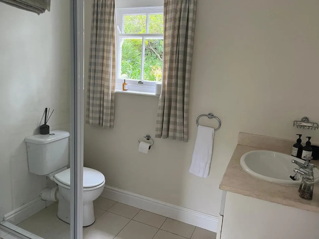 Bright bathroom with toilet, sink, window overlooking garden and natural light