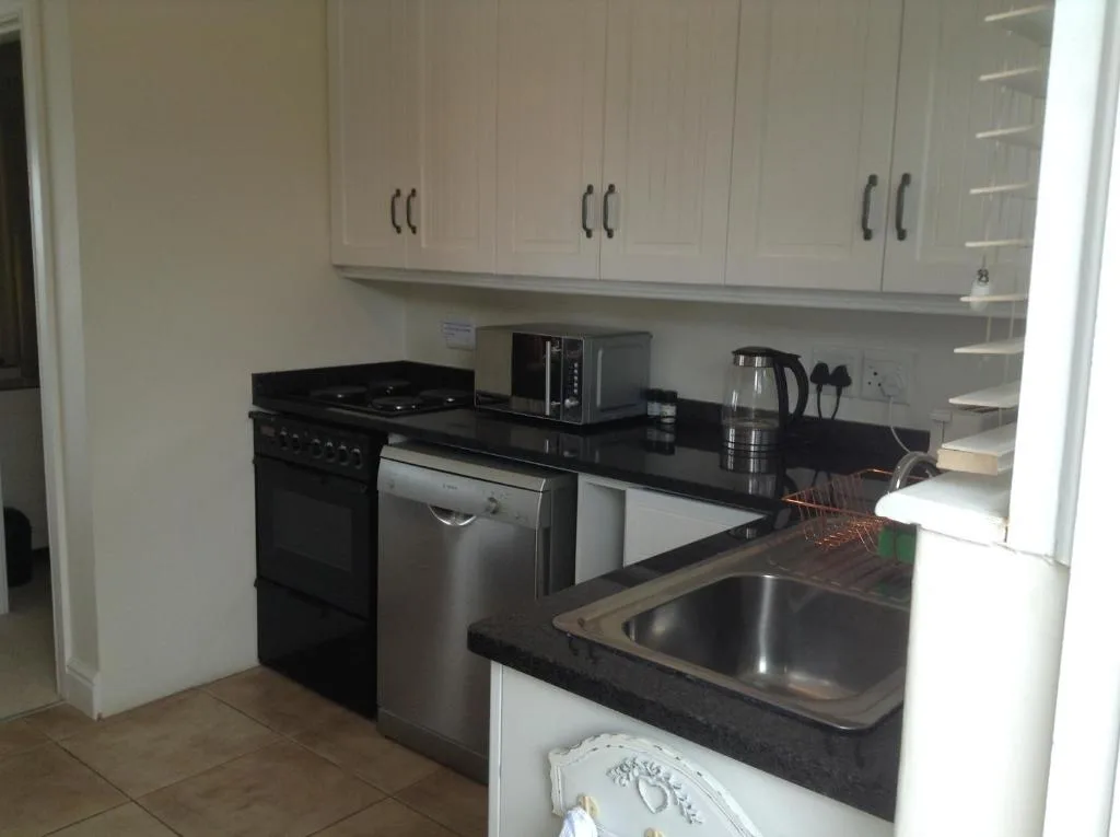 Modern kitchen with black countertops, white cabinets, and stainless steel appliances