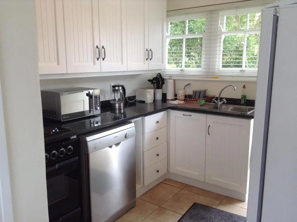 Modern kitchen with white cabinetry, black countertops, stainless steel appliances