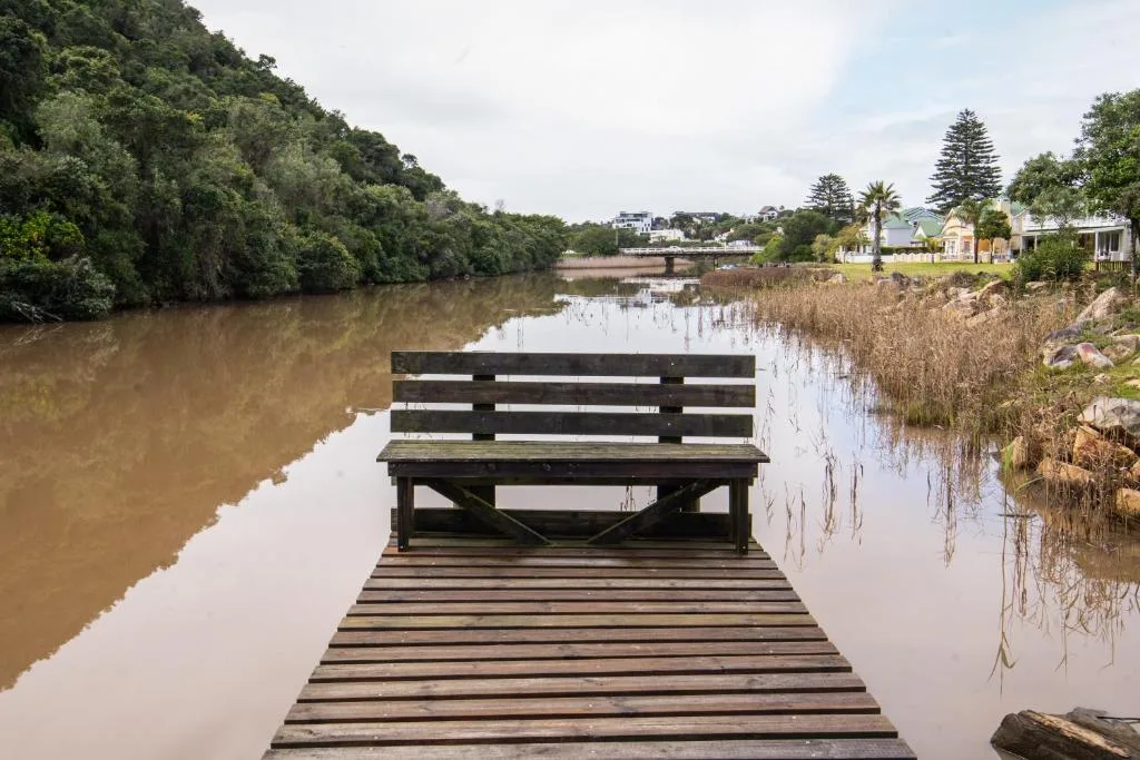 Wooden jetty and bench overlooking tranquil river with lush vegetation and distant properties