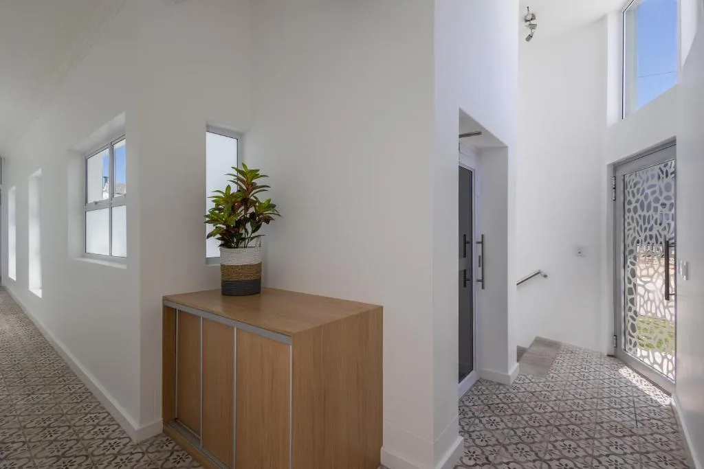 Modern entrance hallway with wooden console table and potted plant