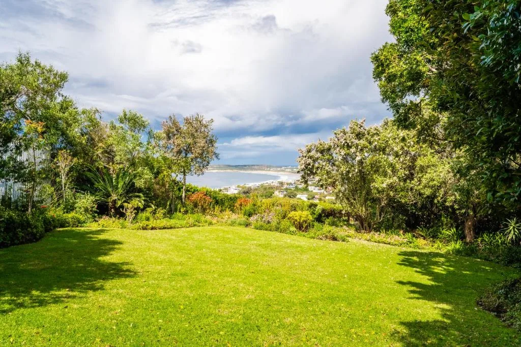 Lush garden lawn with lagoon and town views beyond tree canopy