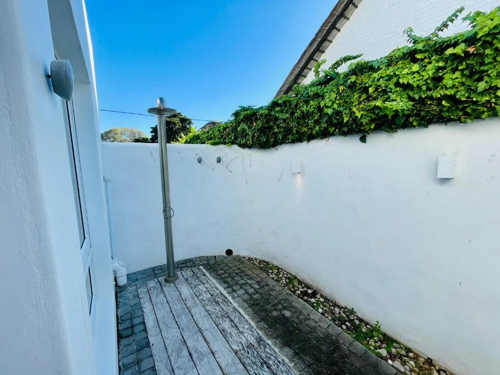 Courtyard with white walls, wooden deck, and climbing ivy in clear sunlight