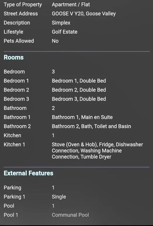 Property amenities information sheet for Goose Valley apartment
