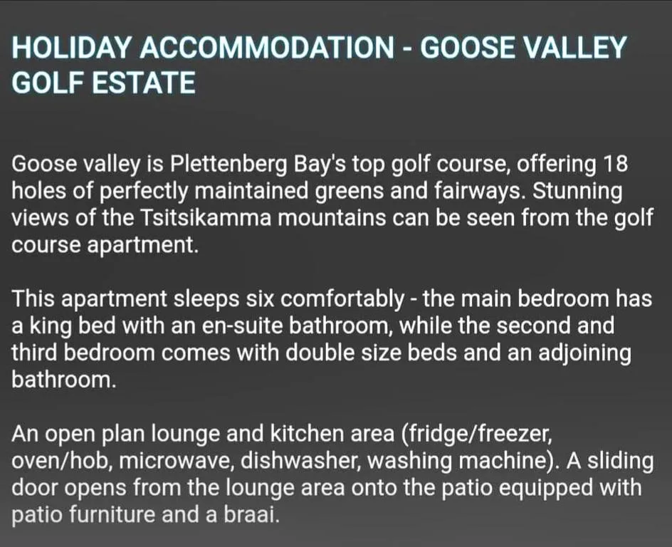 Property listing information card for Goose Valley Golf Estate accommodation