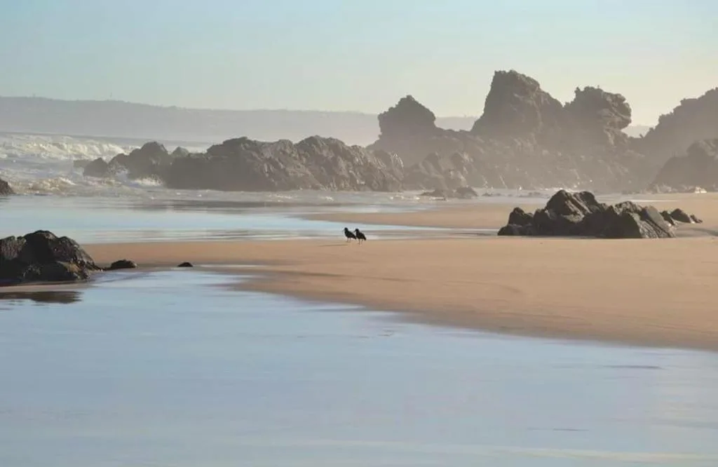 Pristine beach with dramatic rocky outcrops and distant mountains under clear sky
