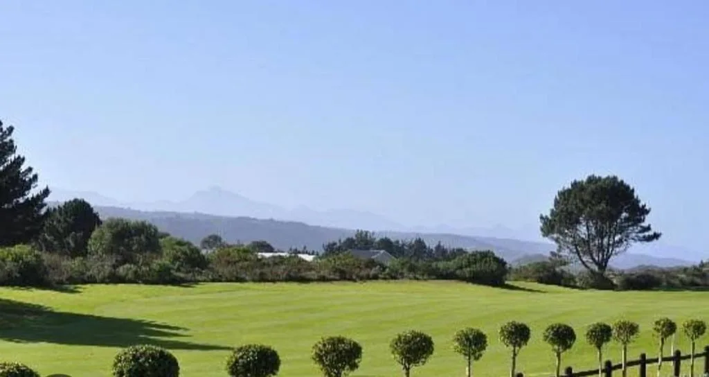 Lush green golf course with mountains visible in distant hazy background