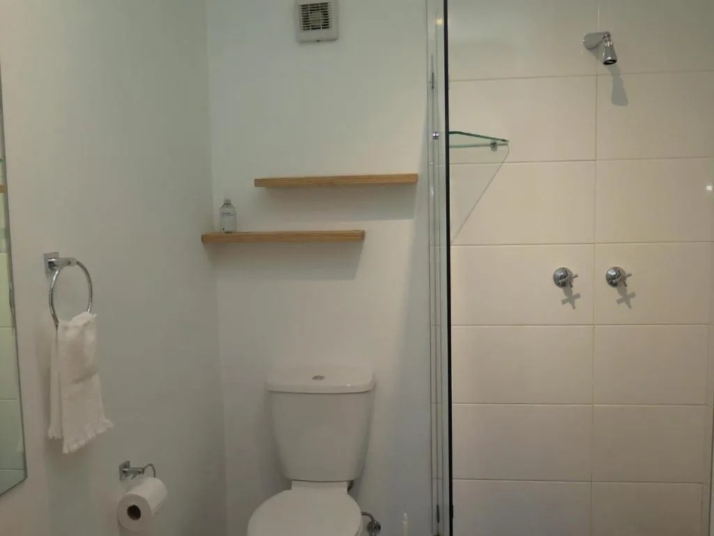 Modern bathroom with toilet, shower enclosure, wooden shelves, and white tiles