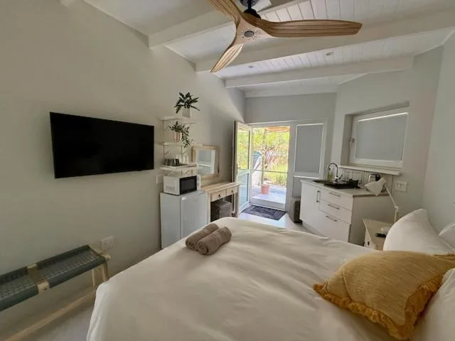 Bright bedroom with queen bed, wall-mounted TV, and outdoor deck access