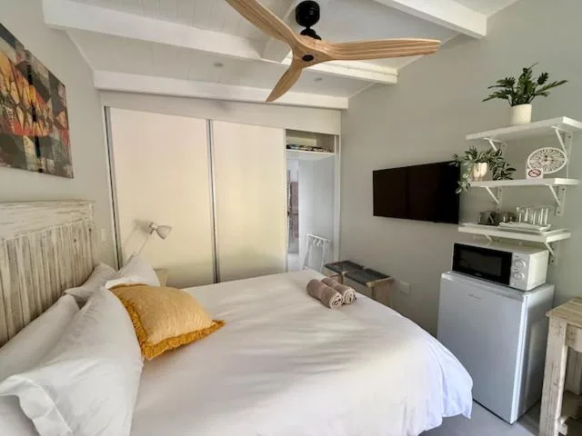 Modern bedroom with queen bed, gold accent pillow, wall-mounted TV, and ceiling fan