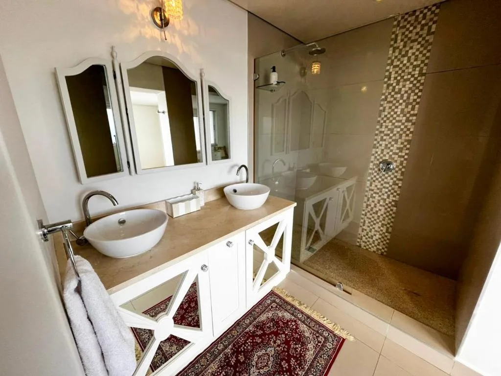 Modern bathroom with dual vessel sinks, mirror cabinet, and walk-in shower enclosure