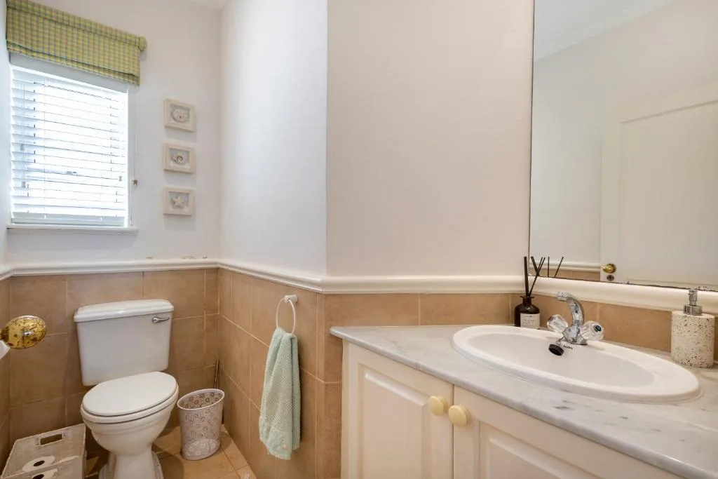 Bathroom with vanity sink, toilet, and small window with green valance