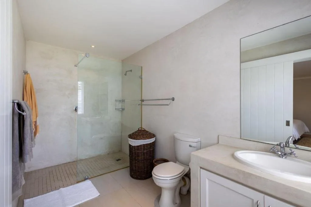 Modern bathroom with walk-in shower, toilet, and vanity sink