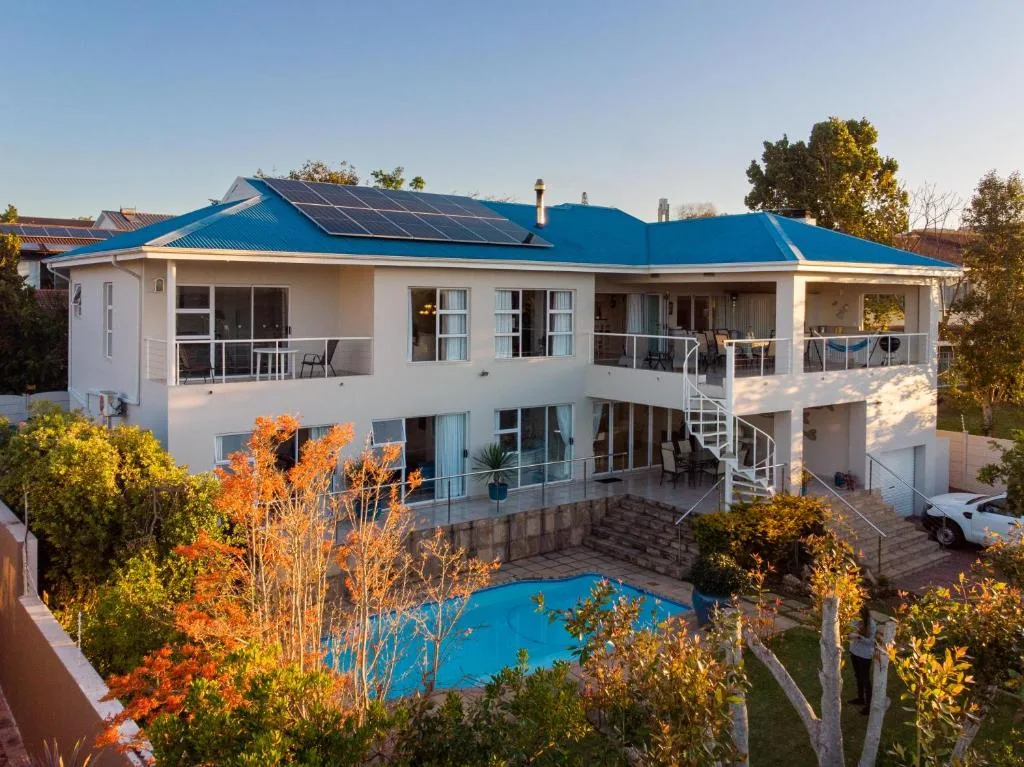 Modern white house with blue roof and swimming pool surrounded by gardens