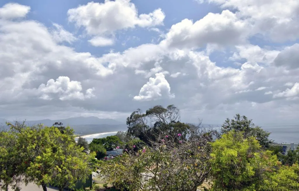 Scenic lagoon and mountains view across lush green vegetation and trees