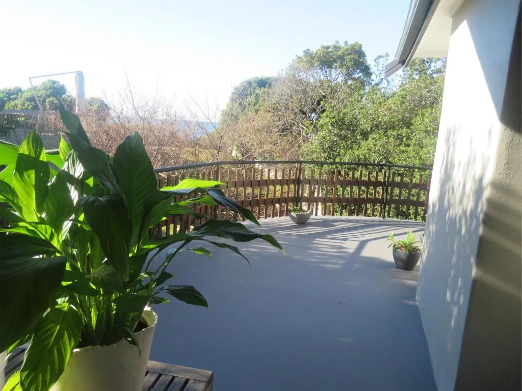 Spacious wooden deck with forested views and potted plants