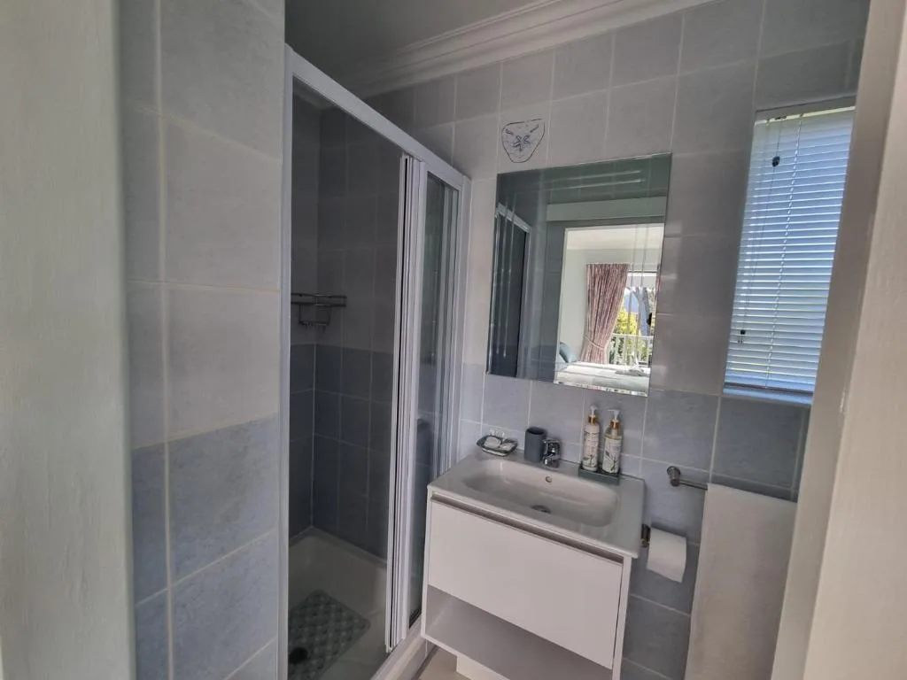 Modern bathroom with walk-in shower, white vanity sink, and large mirror