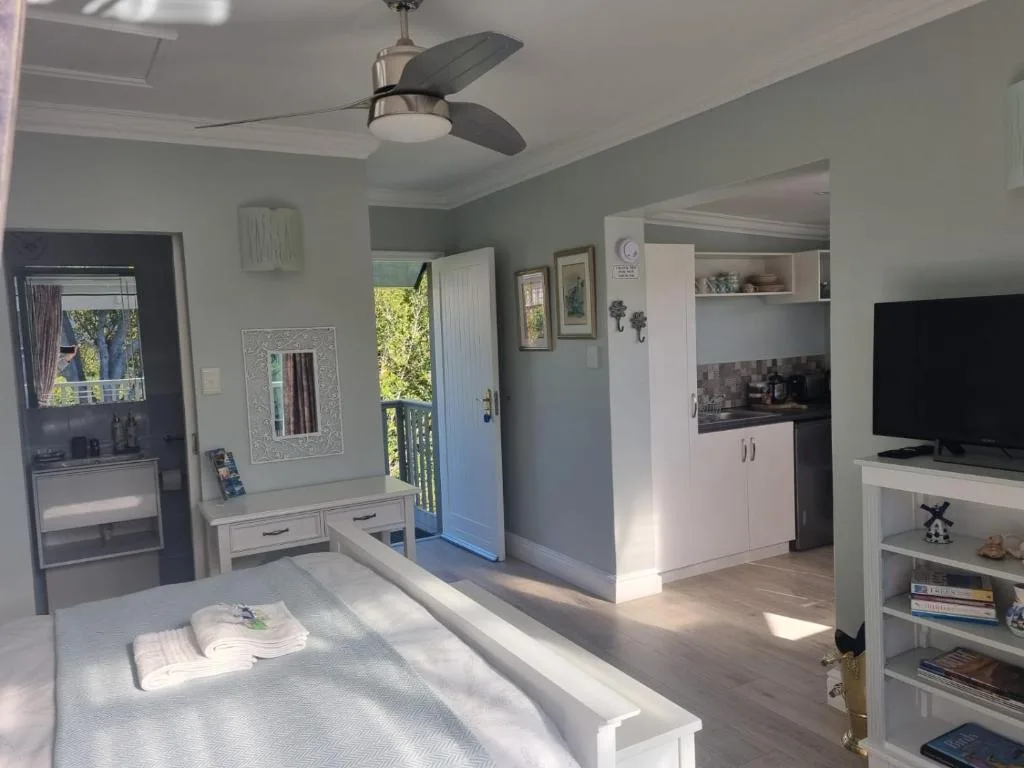 Modern bedroom with integrated kitchenette, ceiling fan, and garden views