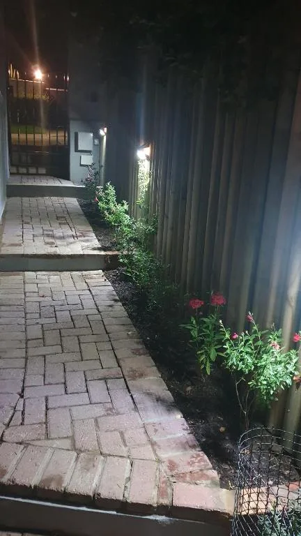 Evening view of paved pathway with garden beds and modern entrance lighting