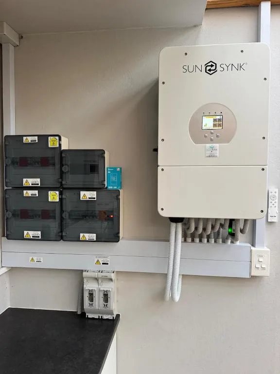 Solar inverter and electrical panel installation on white wall