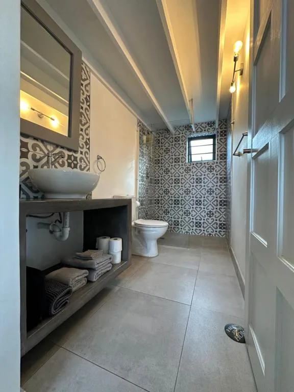 Modern bathroom with patterned tile shower and vanity sink