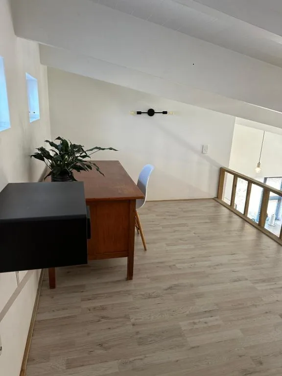 Modern loft space with wooden desk, plant, and minimalist decor