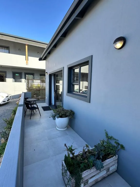 Modern white exterior with patio entrance, potted plants, and outdoor seating