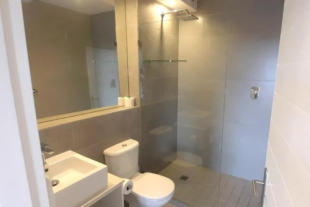 Modern bathroom with vanity, toilet, and walk-in shower enclosure