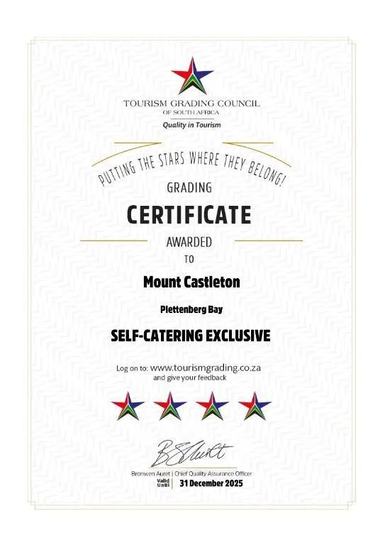 Tourism Grading Council certificate for Mount Castleton self-catering exclusive property