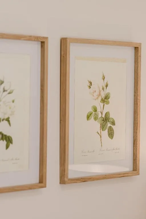Framed botanical art prints with delicate flower illustrations on wall
