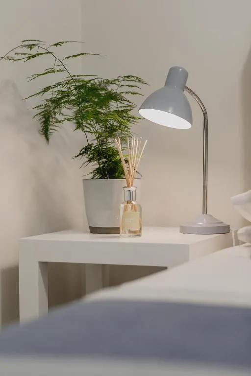 Minimalist bedside table with potted plant, reed diffuser, and desk lamp