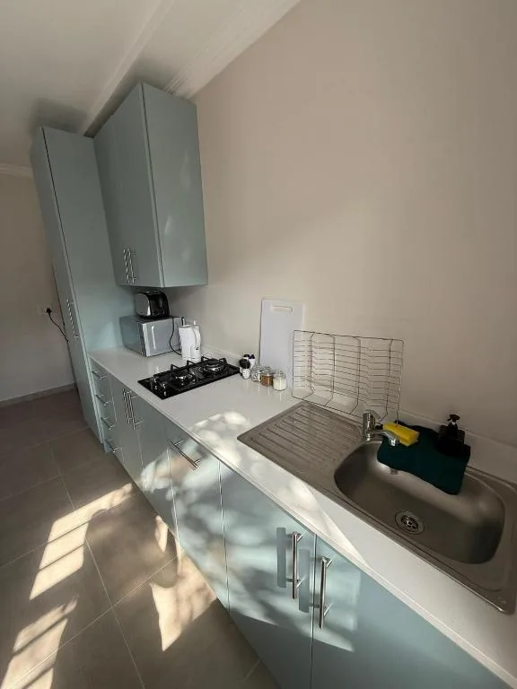 Compact kitchen with stove, sink, and wall-mounted storage cabinet