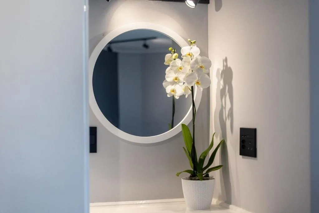 Modern bathroom with circular illuminated mirror and white orchid plant decoration