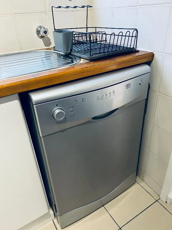 Stainless steel dishwasher with wooden countertop and dish rack