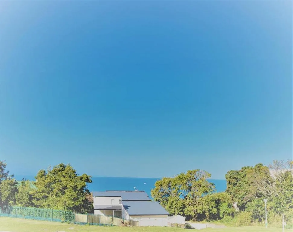 Ocean view across property grounds with coastal horizon and blue sky