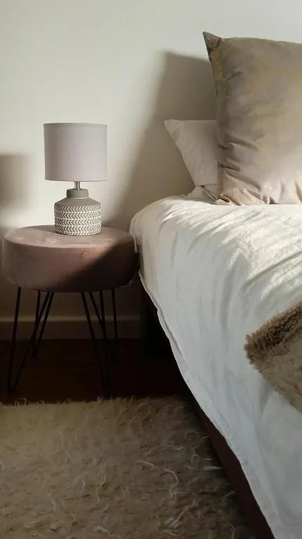 Cozy bedroom with white linens, decorative pillows, and bedside lamp