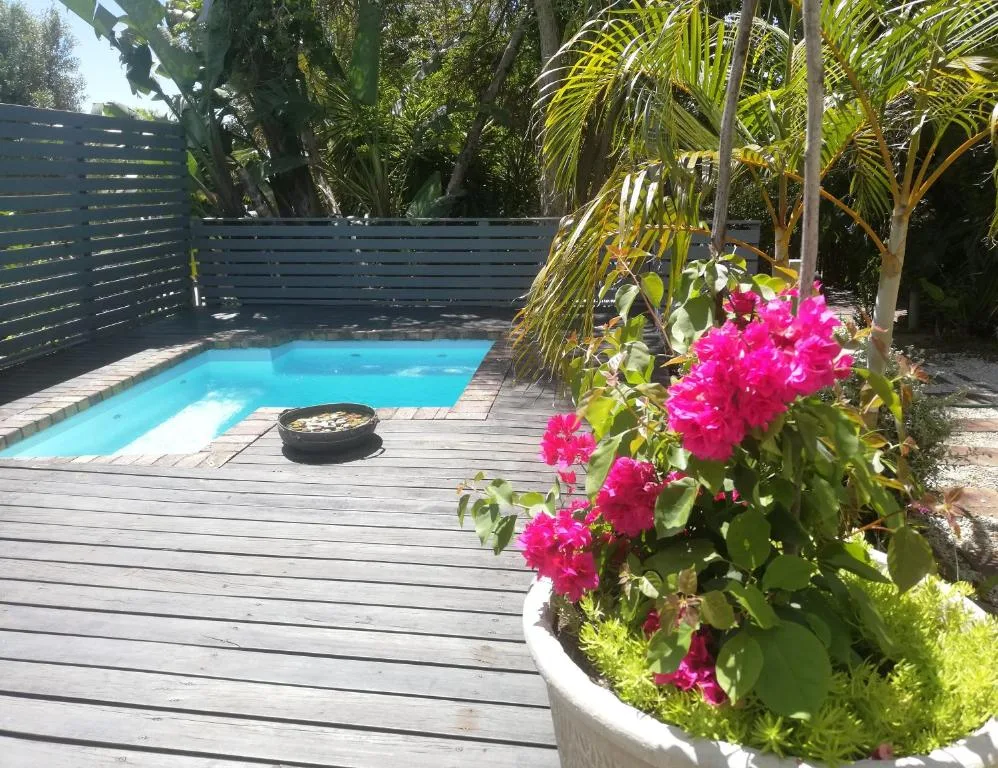 Turquoise swimming pool on wooden deck with tropical plants and pink flowers