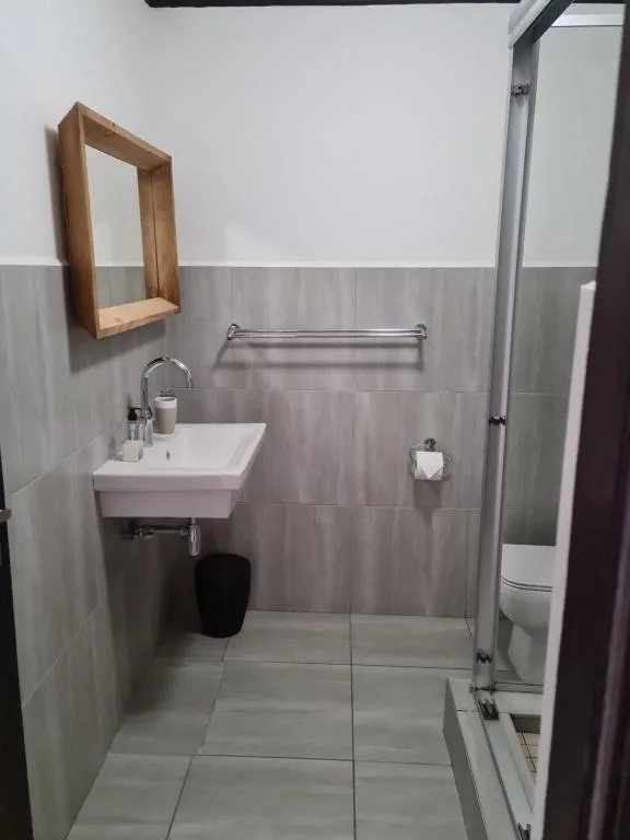 Modern bathroom with walk-in shower, white basin, and wooden mirror frame