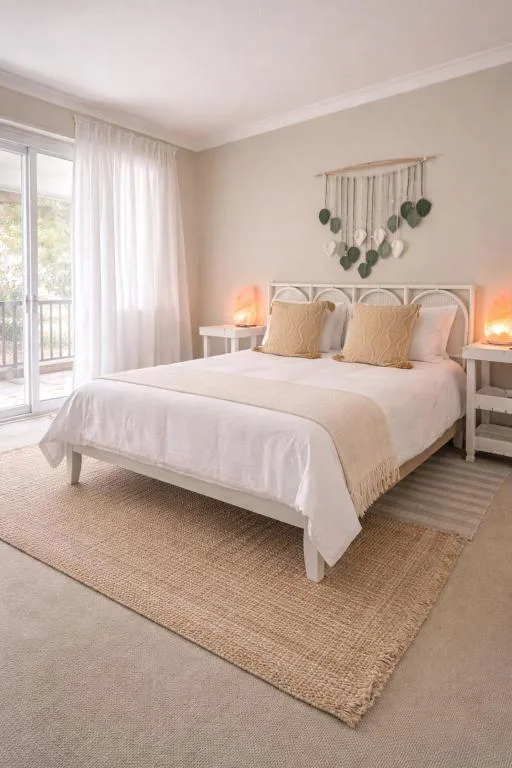 Bright bedroom with white bed, neutral bedding, and ocean view balcony access