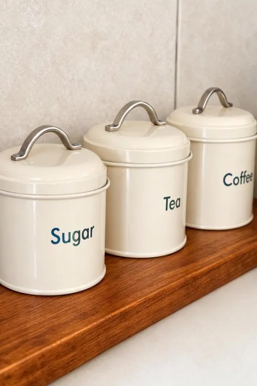 Three cream ceramic kitchen canisters with metal handles labeled Sugar, Tea, Coffee