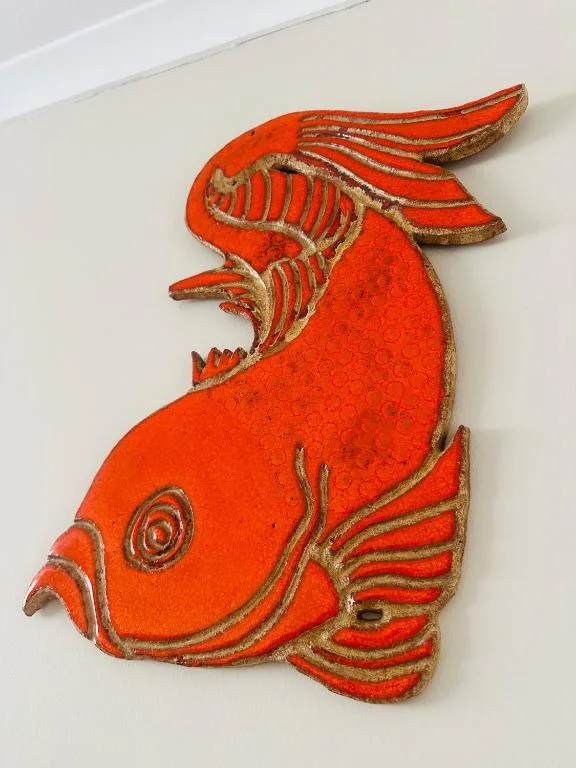 Bright red decorative fish wall sculpture with gold detailing