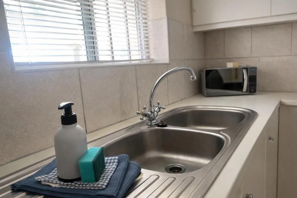 Modern kitchen sink with dual basins, chrome faucet, and window above