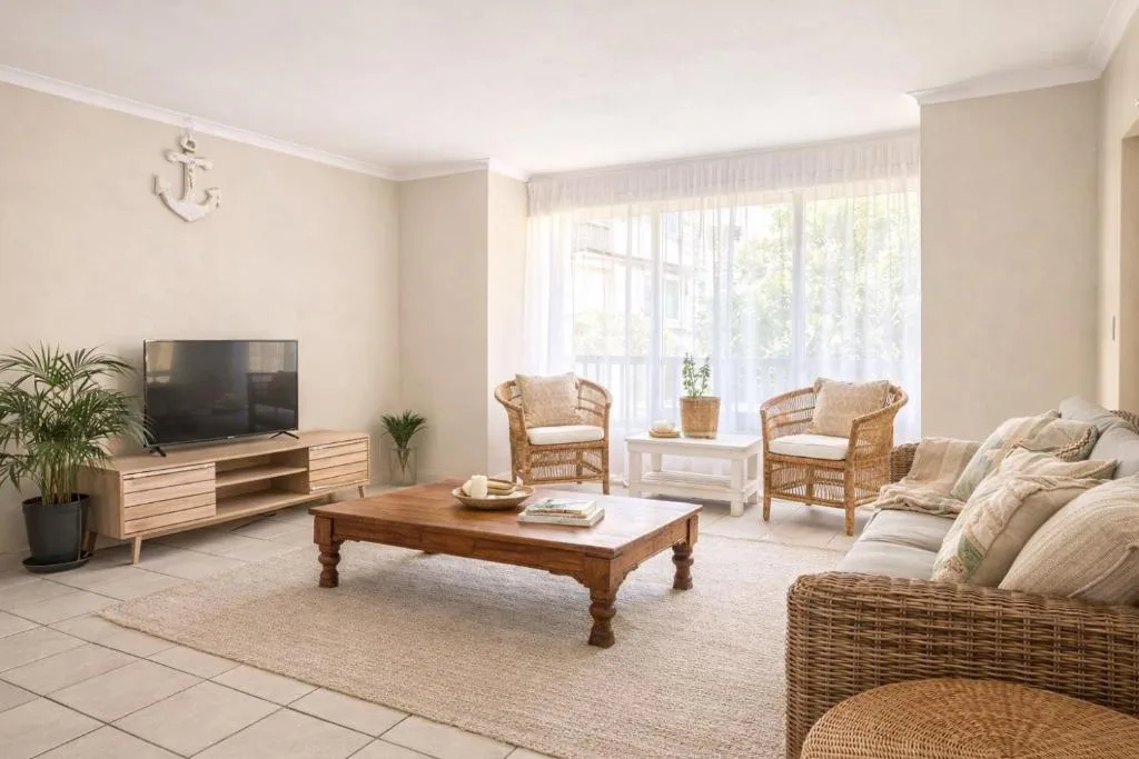 Bright lounge with wicker chairs, sofas, TV, and wooden coffee table