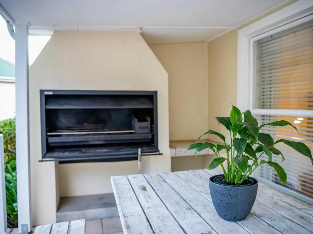 Outdoor deck with built-in braai, potted plant, and wooden table
